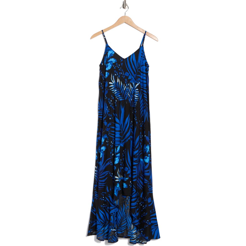 Boho Me Leaf Printed Hi-lo Flounce Hem Dress In Black/navy Print