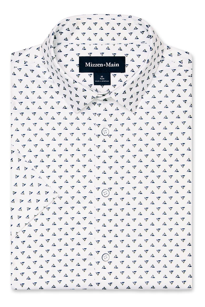 Halyard Trim Fit Triangle Print Short Sleeve Performance Button-Up Shirt, Alternate, color, WHITE MULTI TOSSED TRIANGLE