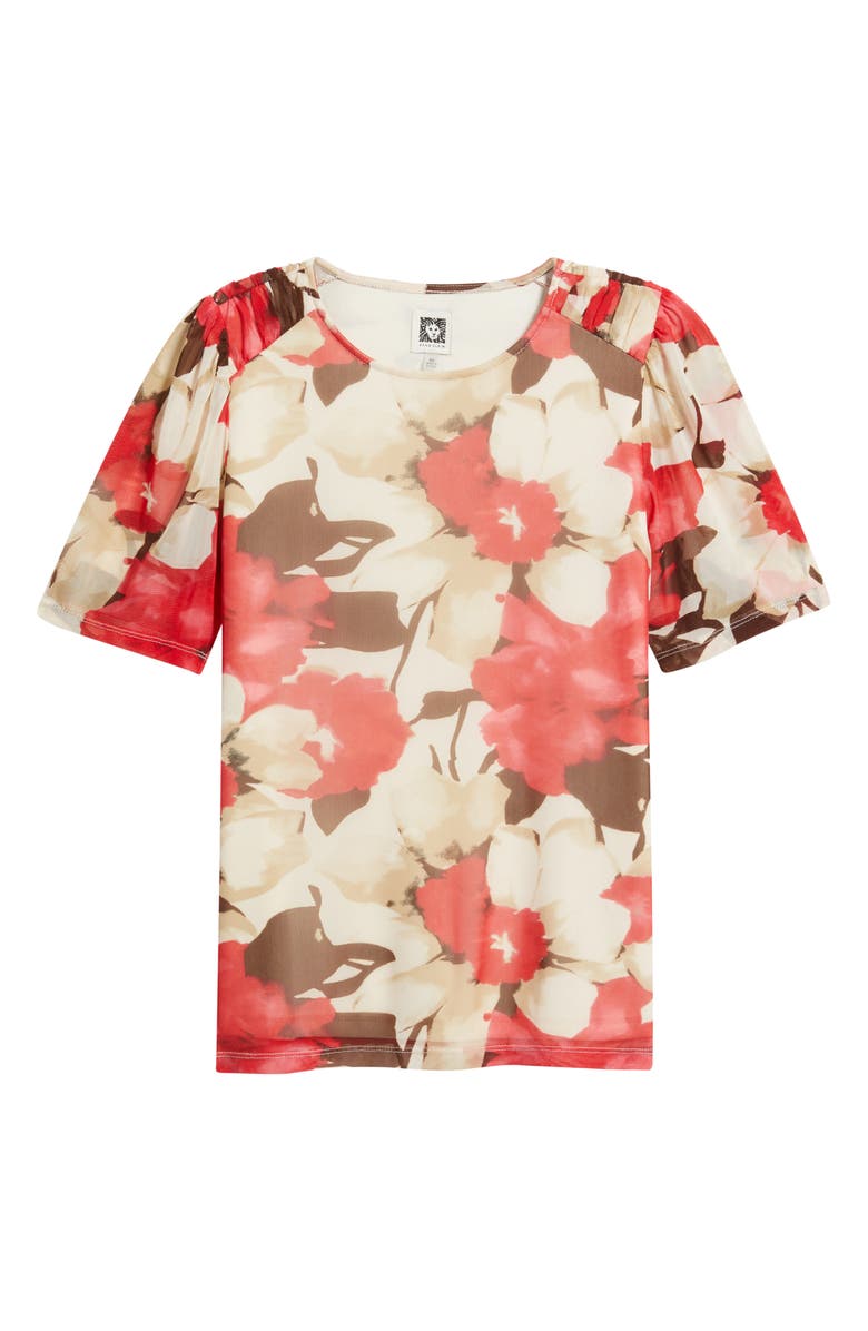 Anne Klein Floral Print Ruched Sleeve Top, Alternate, color, White Dove Multi