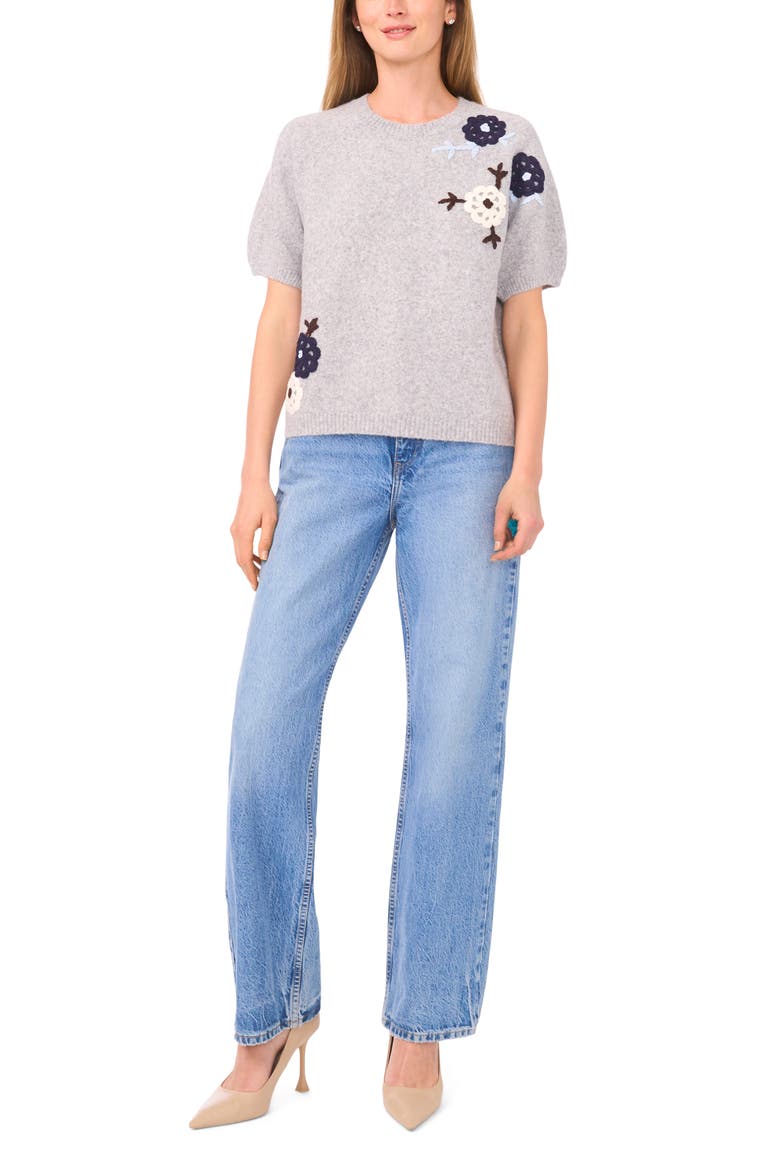 Floral Embroidered Short Sleeve Sweater, Alternate, color, LIGHT HEATHER GREY