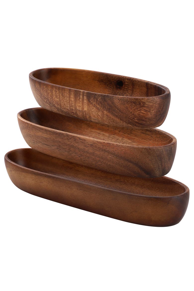 3 Piece Acacia Wood Oval Serving Bowls in Assorted Sizes, Alternate, color, Acacia