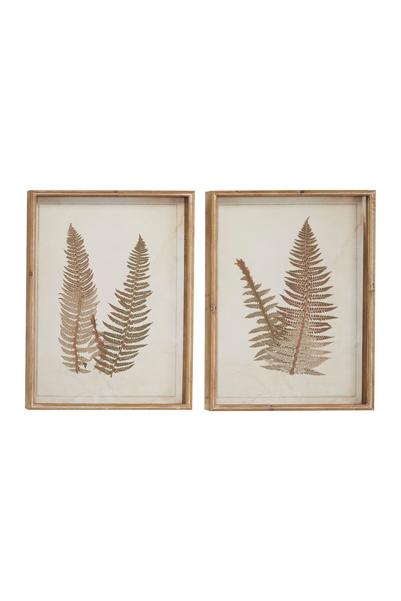 Brown Wood Fern Leaf Framed Wall Art with White Backing - Set of 2, Main, color, BROWN