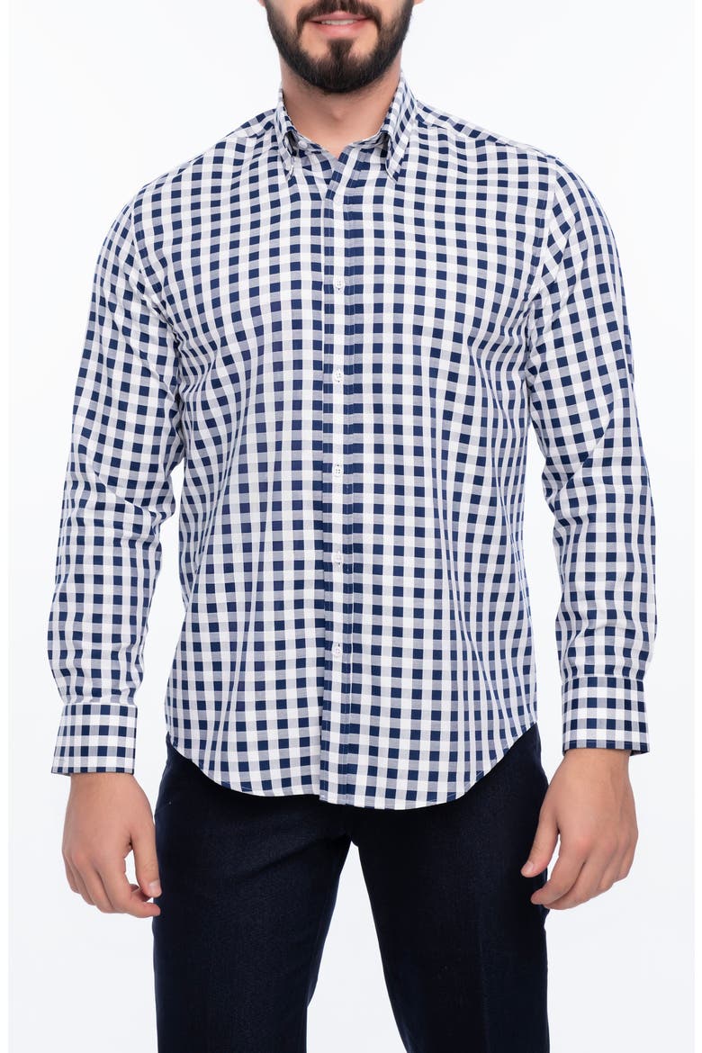 Gingham Cotton Slim Fit Button Down Shirt, Main, color, NAVY BLUE