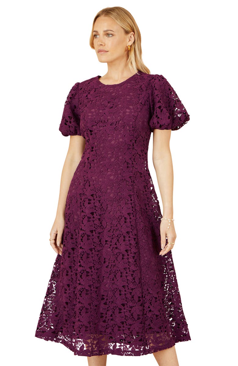 Yumi Stretch Lace Midi Dress, Alternate, color, Burgundy