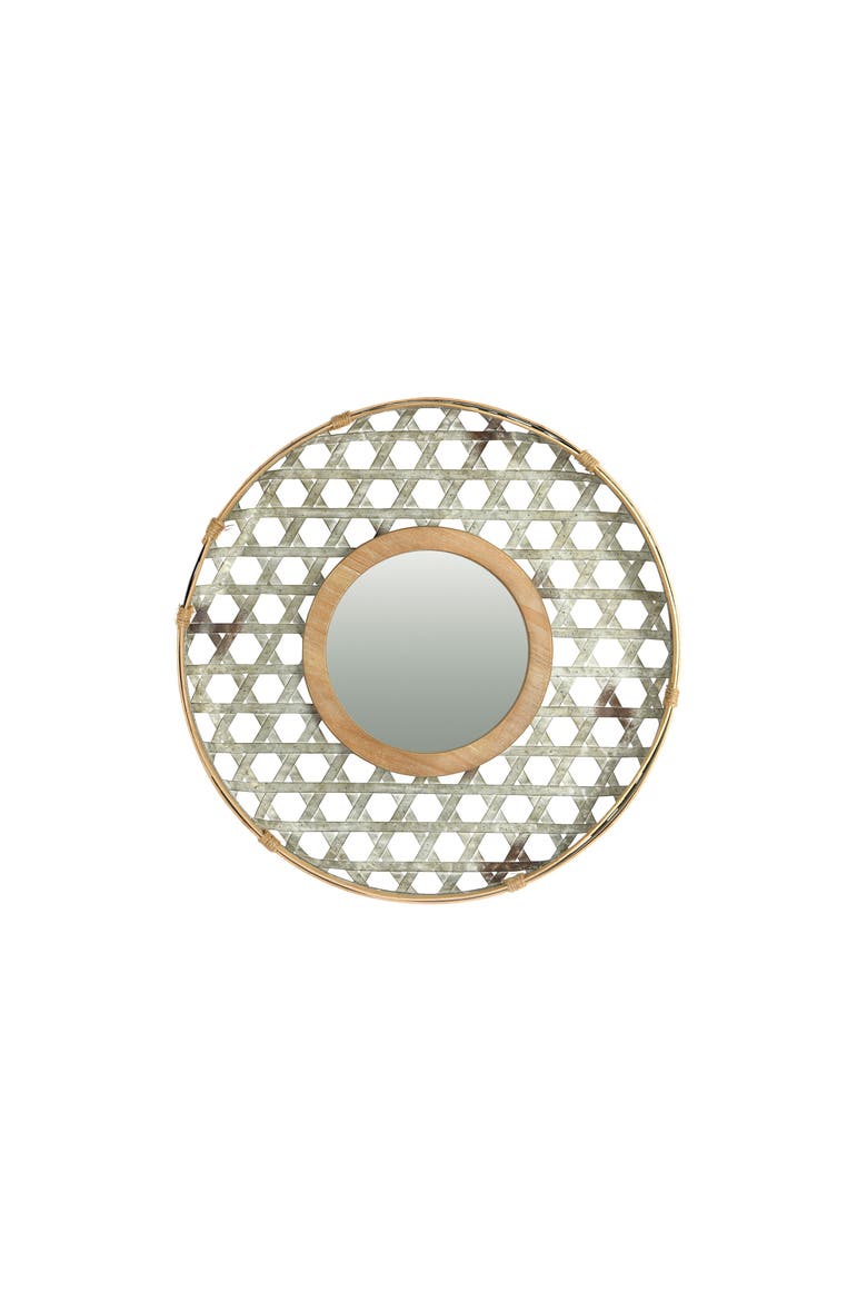 Round 2 Tone Lattice Metal Framed Wall Mirror, Wood and Galvanized Finish, Main, color, Silver