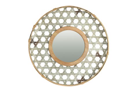 Round 2 Tone Lattice Metal Framed Wall Mirror, Wood and Galvanized Finish