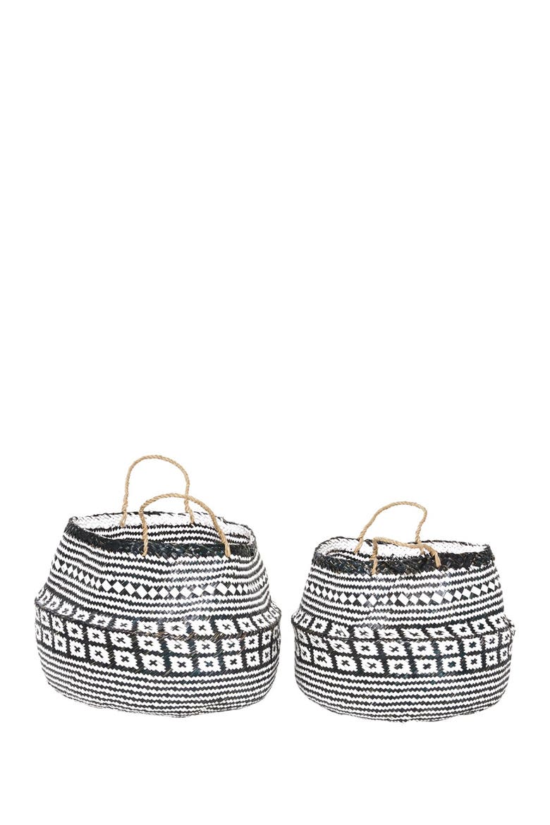 Black Wood Handmade Patterned Storage Basket with Handles - Set of 2, Alternate, color, BLACK