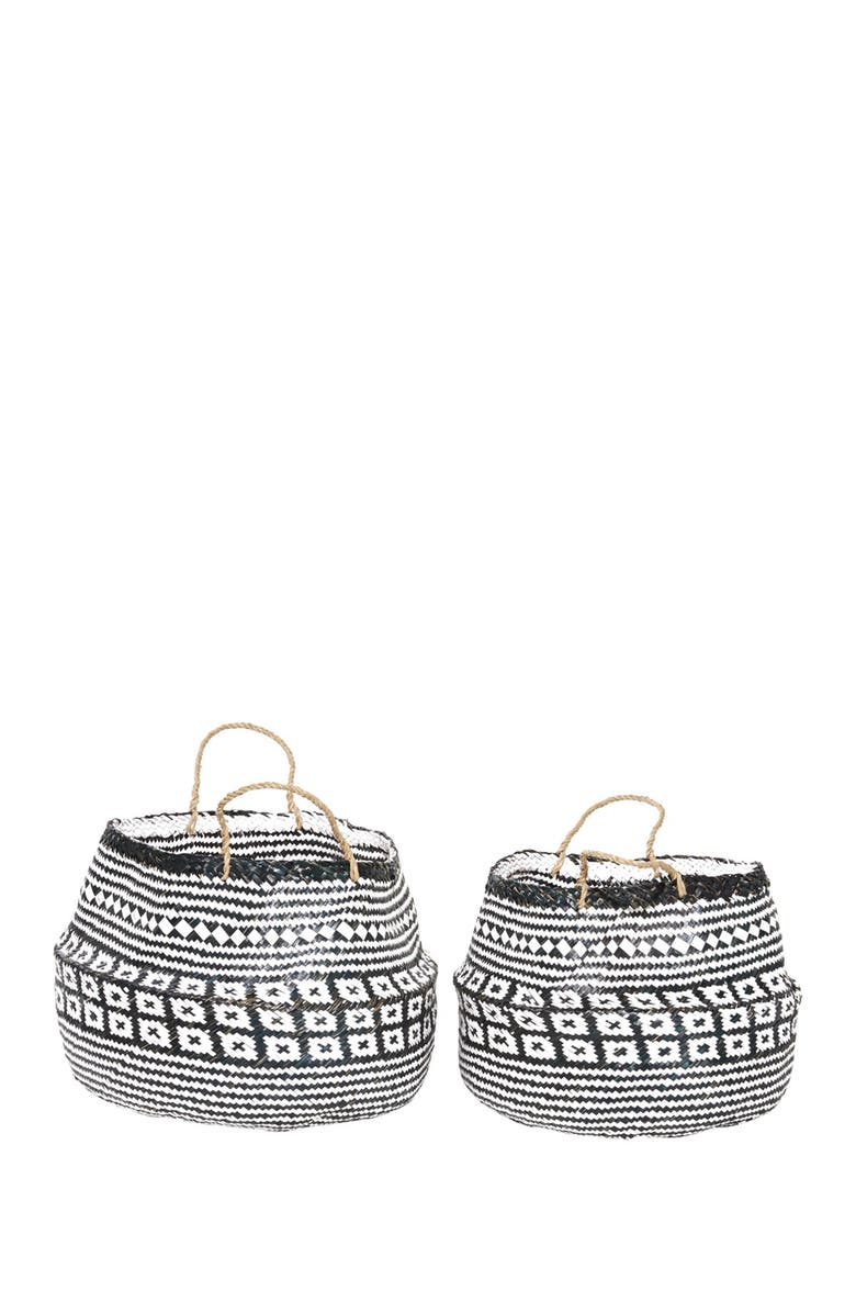 GINGER BIRCH STUDIO Black Wood Handmade Patterned Storage Basket with Handles - Set of 2, Alternate, color, Black