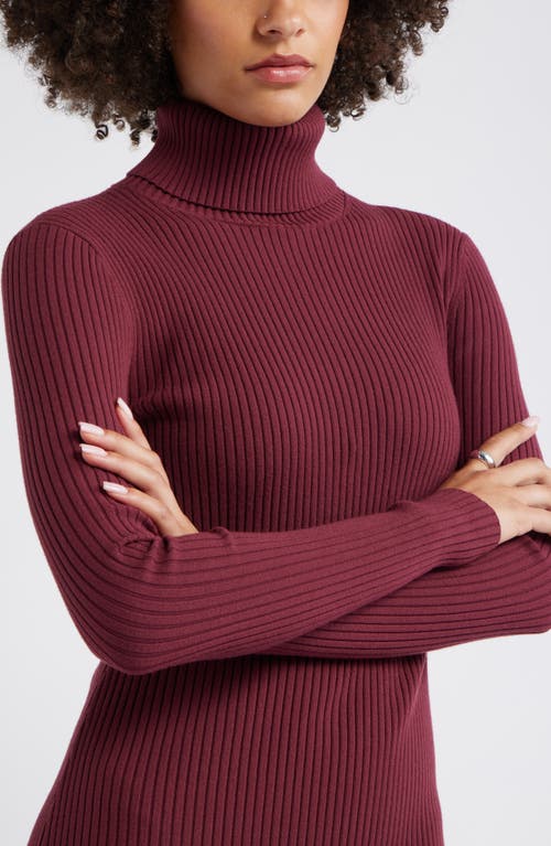 Open Edit Rib Long Sleeve Turtleneck Sweater Dress In Burgundy