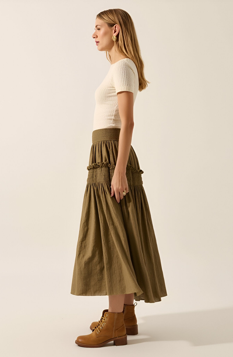 Modenaire Smocked Tiered Ruffle-Trim Flowy Maxi Skirt, Alternate, color, Olive Green
