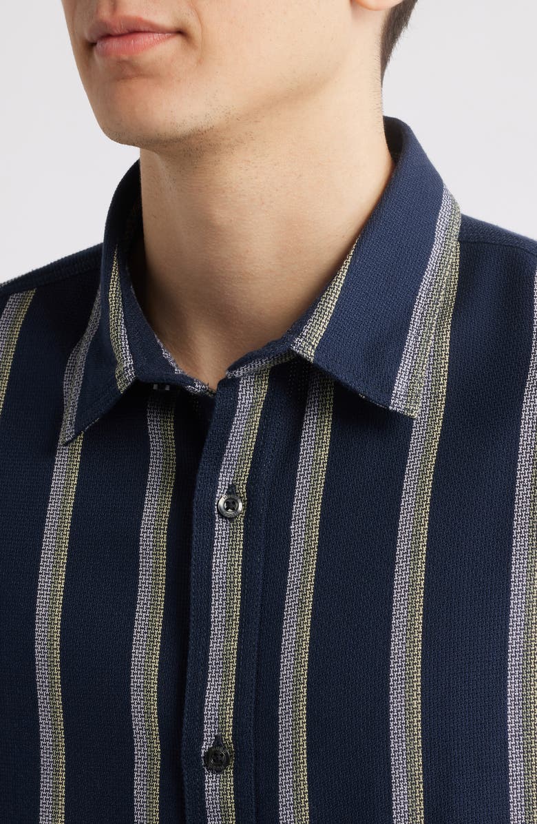 HUGO Eralino Loose Fit Stripe Short Sleeve Cotton Blend Button-Up Shirt, Alternate, color, Dark Blue