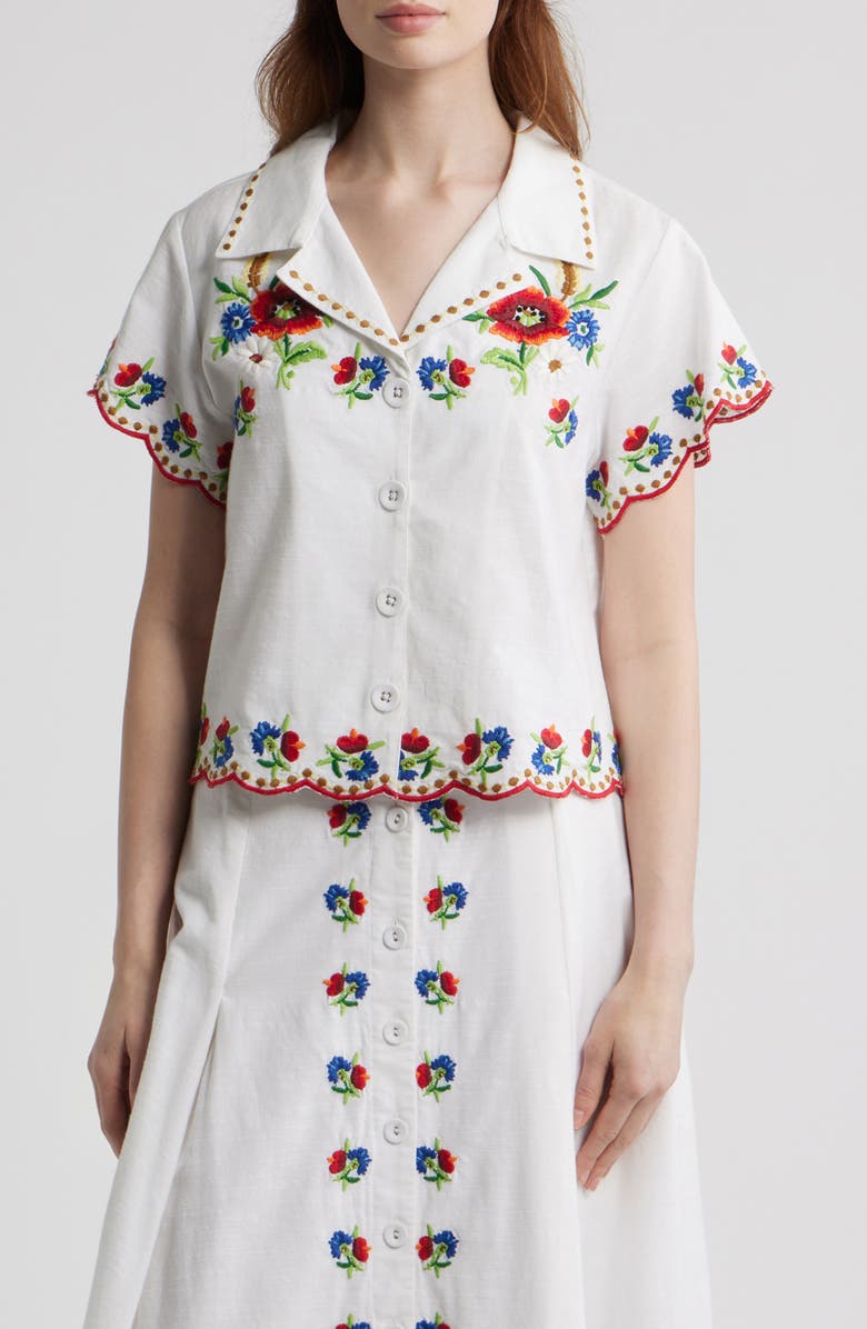 LOVE THE LABEL Vera Embroidered Crop Shirt, Main, color, May Morris Embroidery
