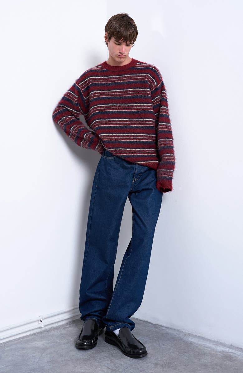 Topman Oversize Stripe Crewneck Sweater, Alternate, color, Burgundy