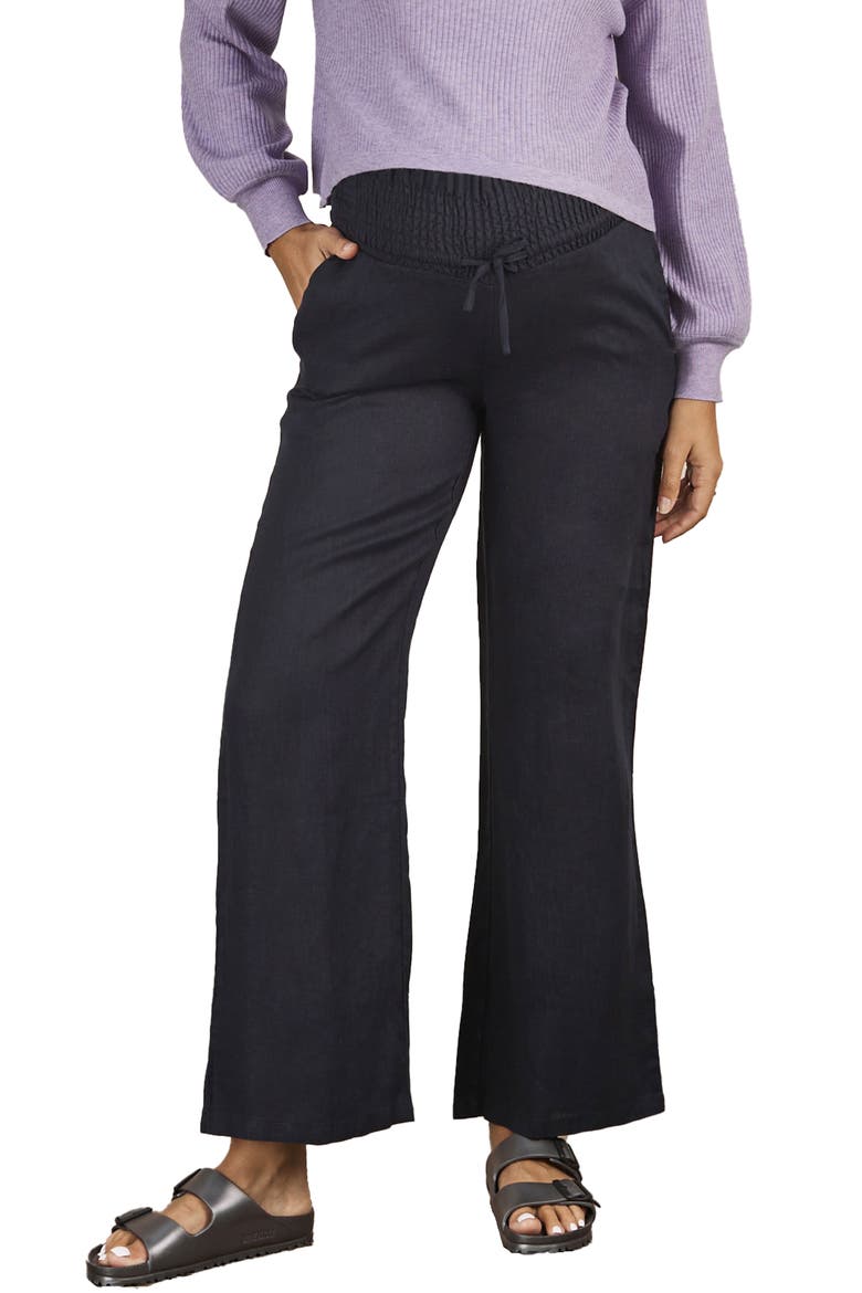 Smocked Waist Linen Maternity Pants, Main, color, NAVY