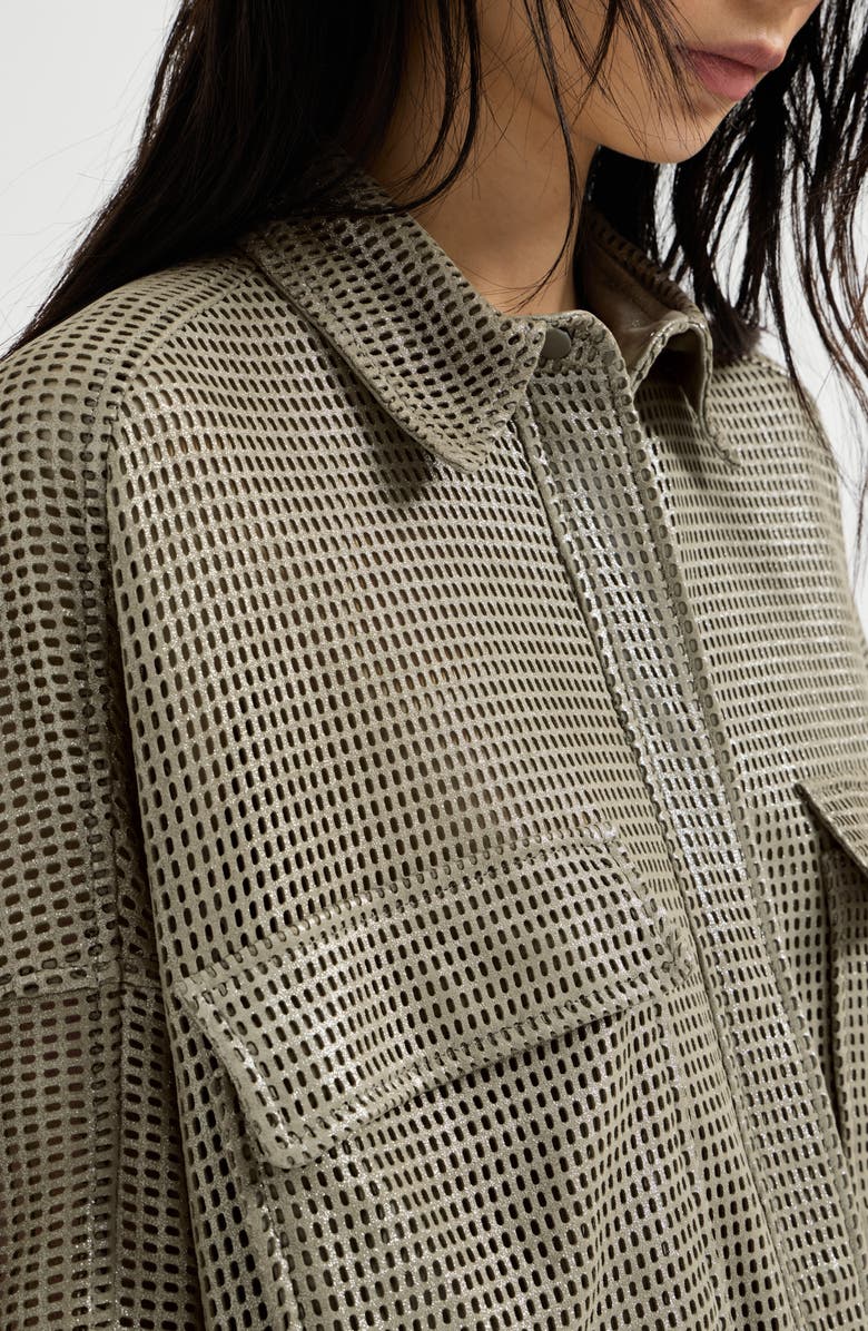 Brunello Cucinelli Sparkling leather net shirt, Alternate, color, Khaki