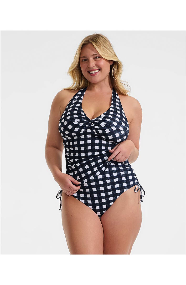 Lands' End Chlorine Resistant Adjustable High Waisted Bikini Swim Bottoms, Alternate, color, Navy Gingham Pique