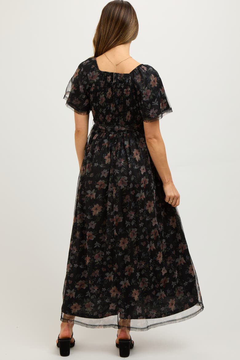 Floral Waist Tie Midi Dress, Alternate, color, Black