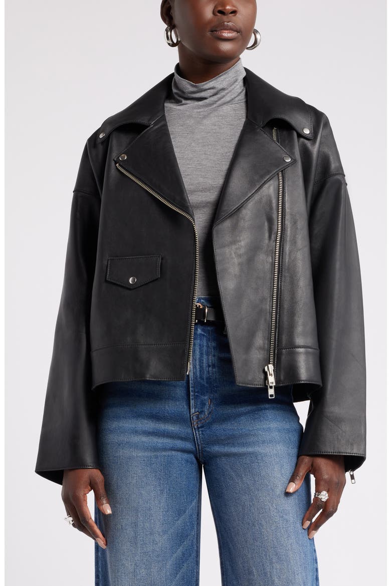 Leather Moto Jacket, Main, color, BLACK