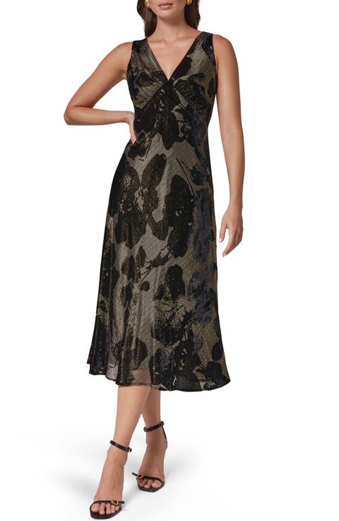Metallic Floral Print A-Line Dress