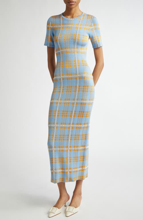 Lela Rose Plaid Whipstitch Trim Midi Sheath Dress In Powder Blue