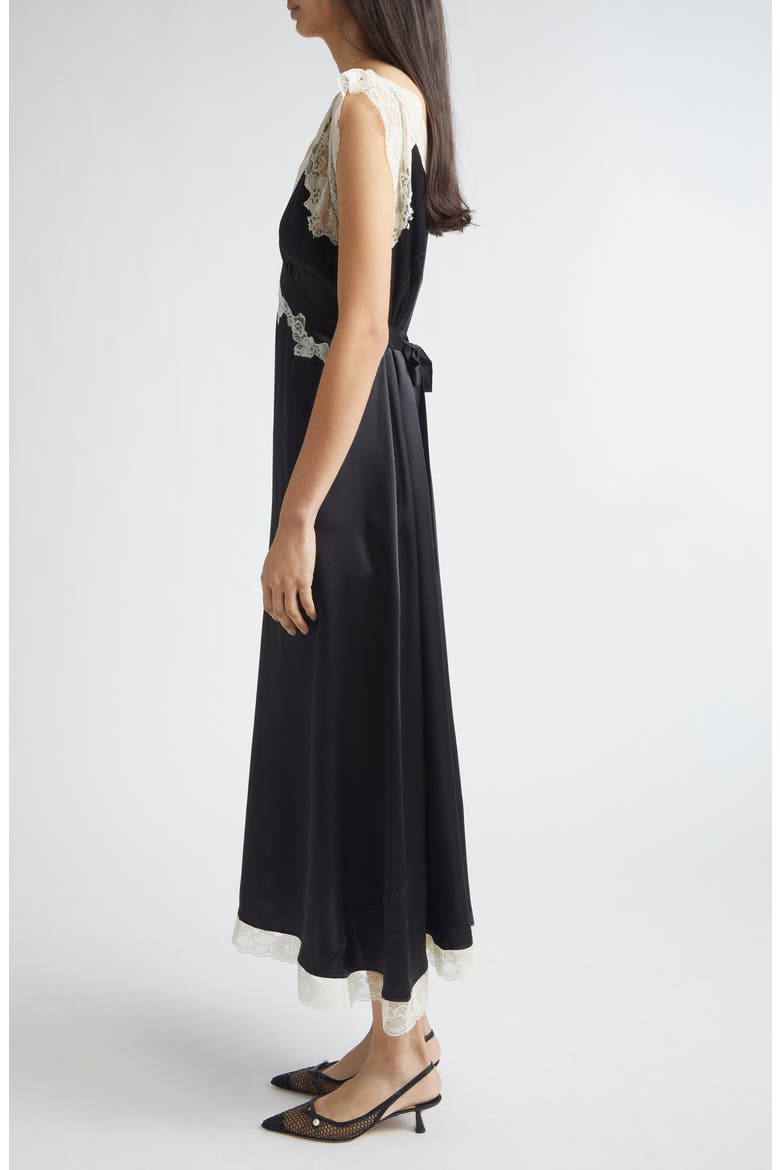 Gender Inclusive Irene Lace Trim Silk Charmeuse Midi Dress, Alternate, color, BLACK