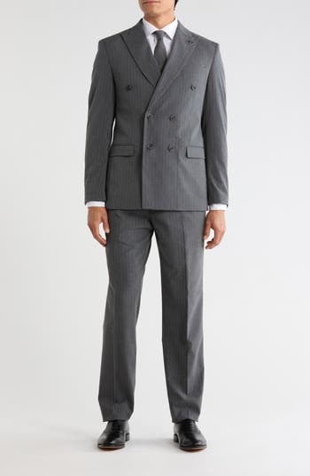 Stacy Adams Pinstripe Double Breasted Suit In Charcoal