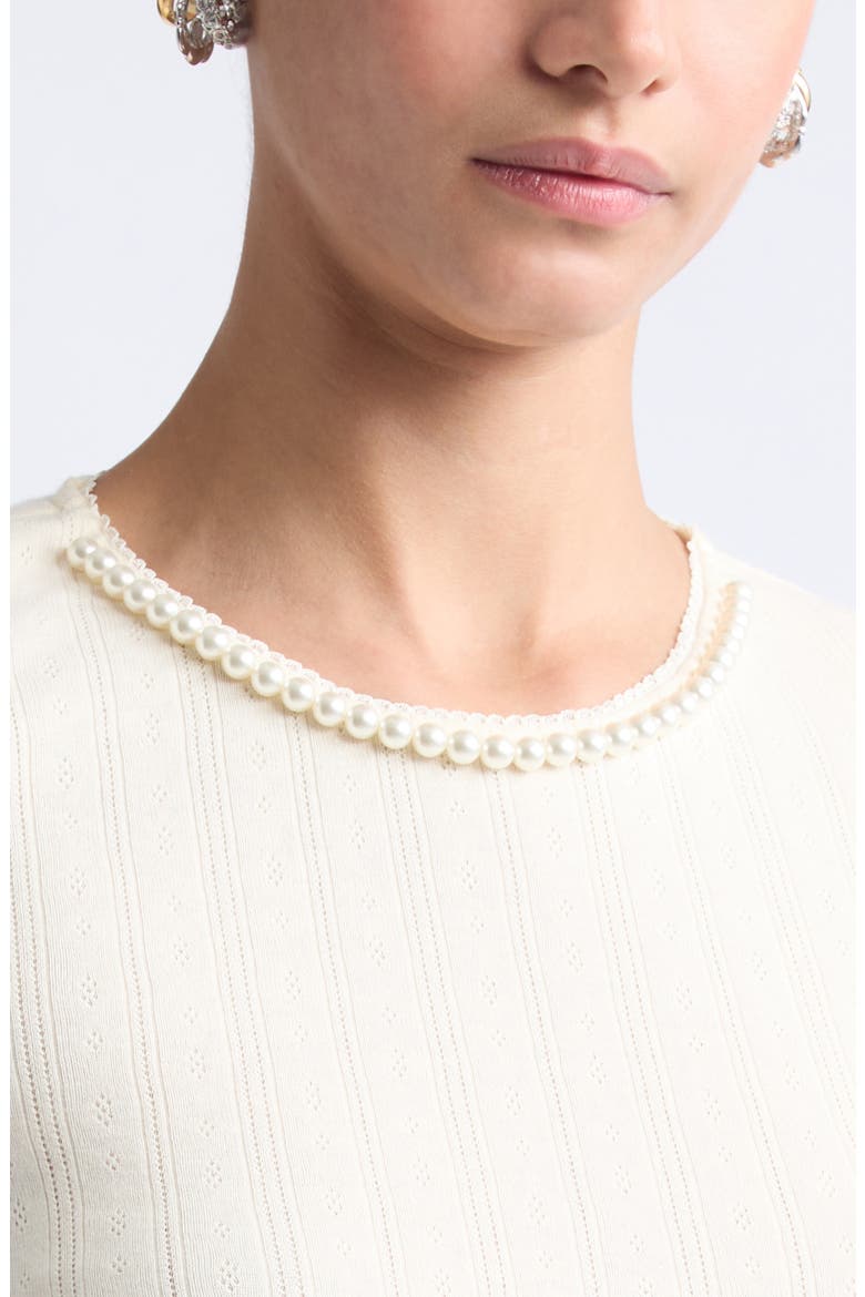 Faux Pearl Crop Cotton Pointelle Rib T-Shirt, Alternate, color, ECRU/ PEARL