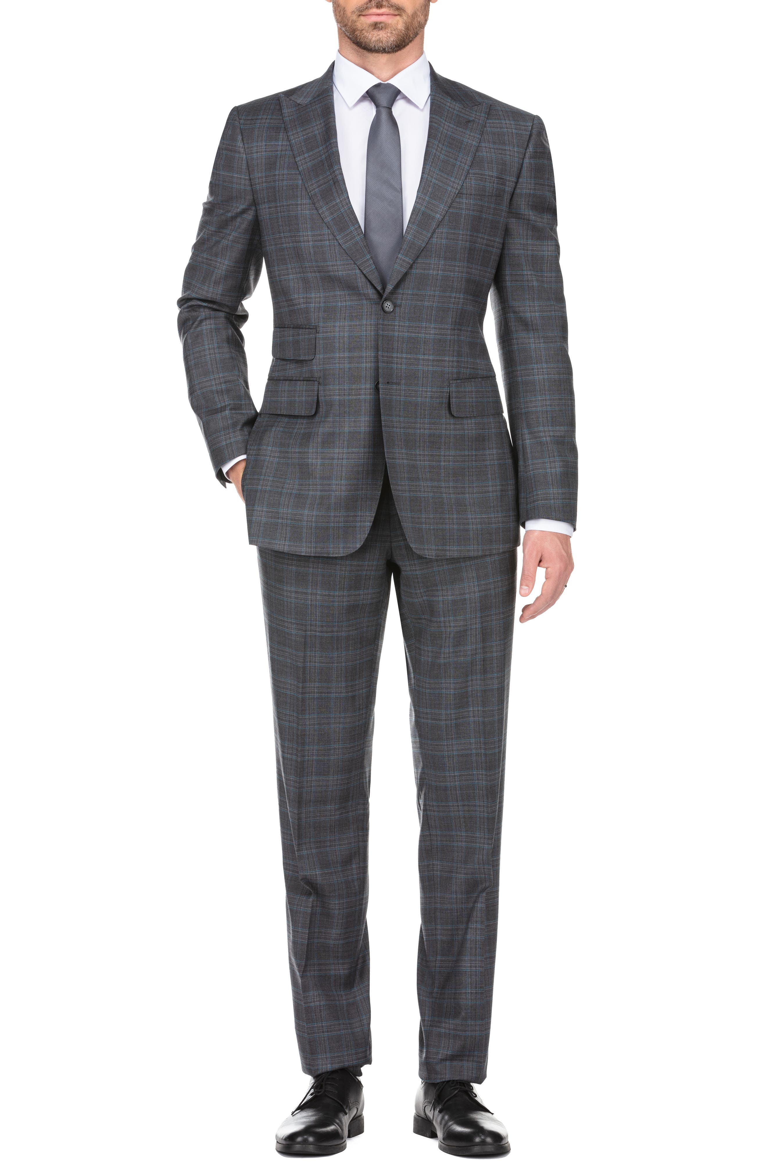 English Laundry Plaid Two Button Peak Lapel Wool Blend Trim Fit Suit