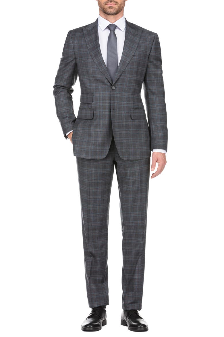 Plaid Two Button Peak Lapel Wool Blend Trim Fit Suit, Main, color, CHARCOAL