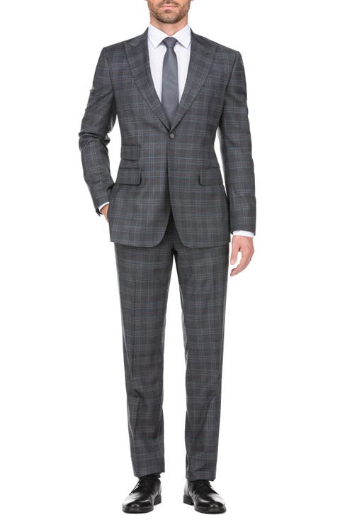 Plaid Two Button Peak Lapel Wool Blend Trim Fit Suit