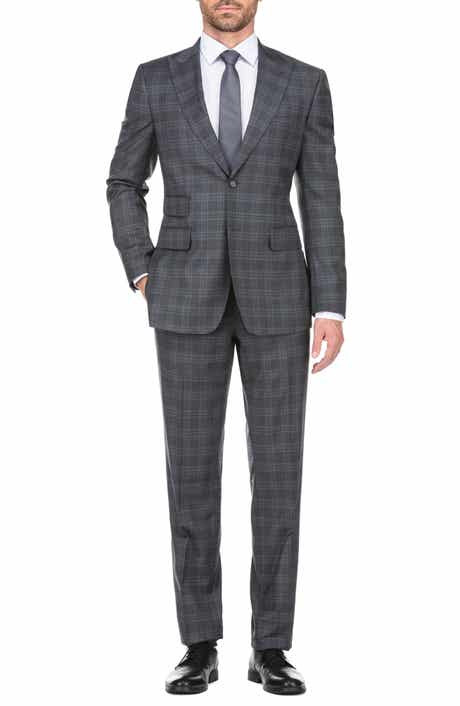 English Laundry Plaid Two Button Peak Lapel Wool Blend Trim Fit Suit