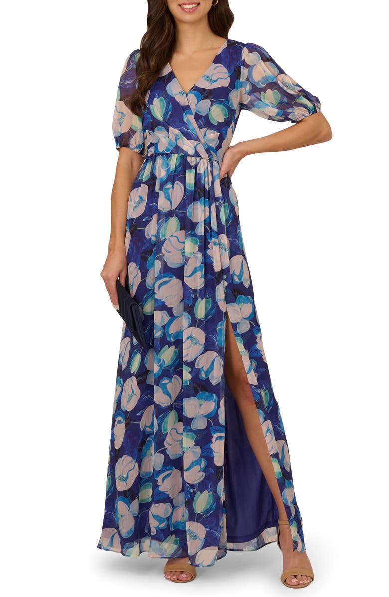 Adrianna Papell Floral Crinkle Chiffon Gown, Main, color, 