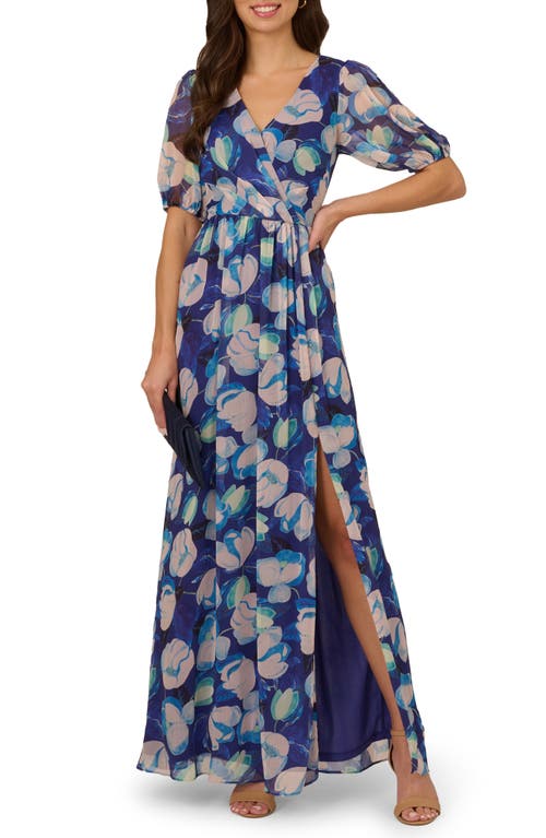 Adrianna Papell Floral Crinkle Chiffon Gown In Blue Multi