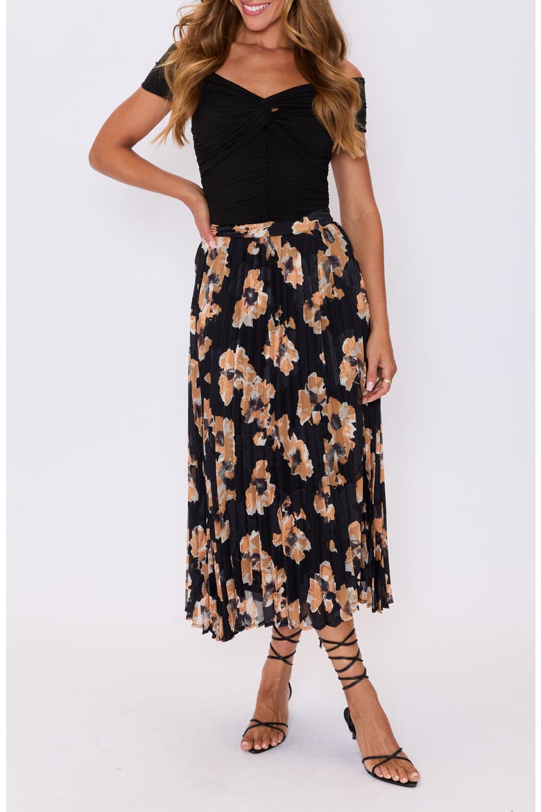 Zora Floral Pleated Midi Skirt, Alternate, color, BLACK FLORAL
