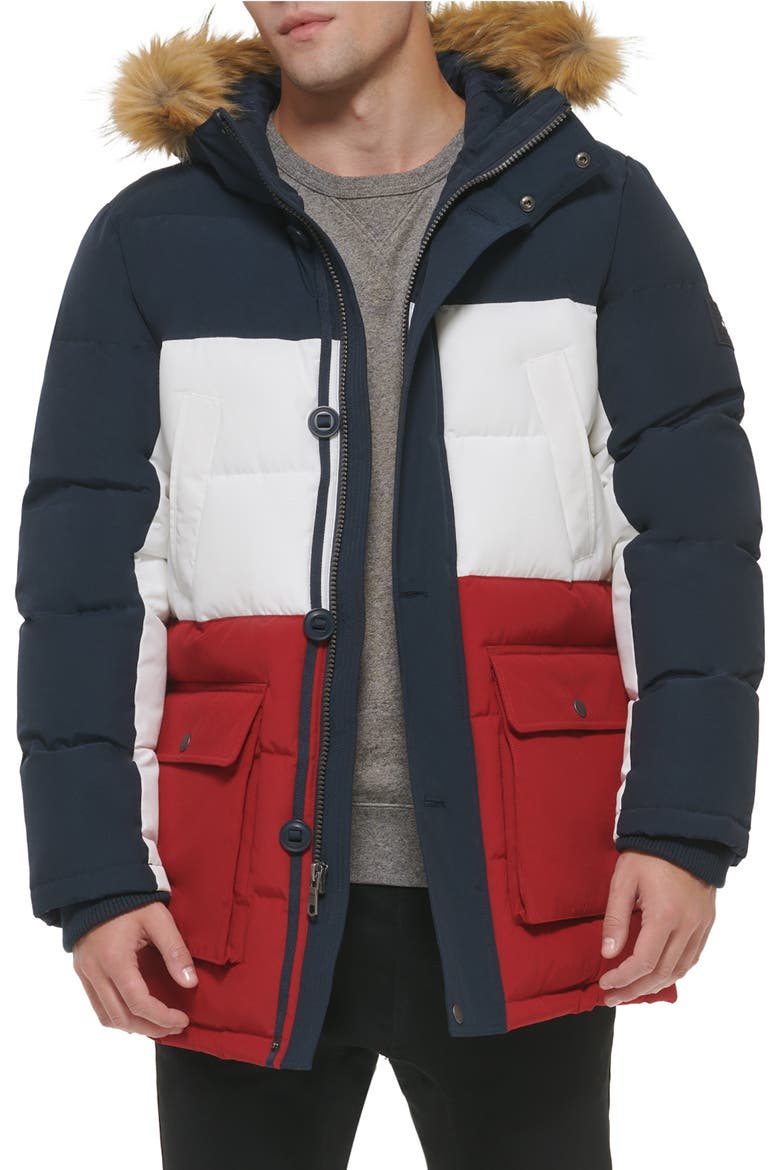 Arctic Cloth Hooded Parka, Main, color, NAVY/WHITE/RED