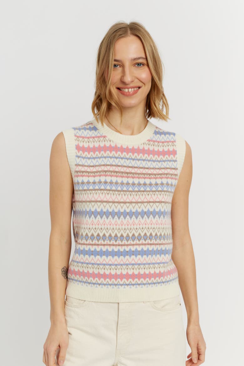 Wool-Cashmere Fair Isle V-neck Tank, Alternate, color, Cream