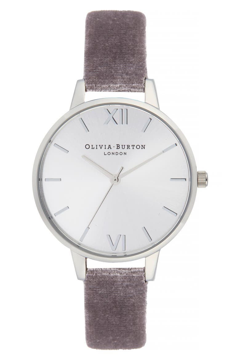 Velvet Strap Watch, 34mm, Main, color, GREY LILAC/ SILVER