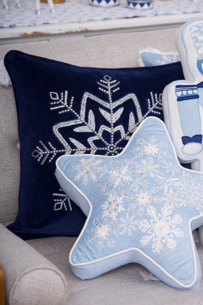 Embellished Woven Snowflake on Blue Velvet Throw Pillow 18" x 18", Alternate, color, Blue