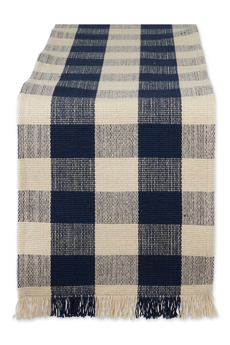 Checkered Fringe Cotton Table Runner, Main, color, BLUE
