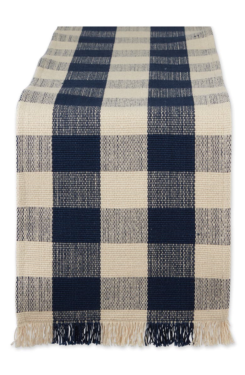 Design Imports Checkered Fringe Cotton Table Runner, Main, color, Blue