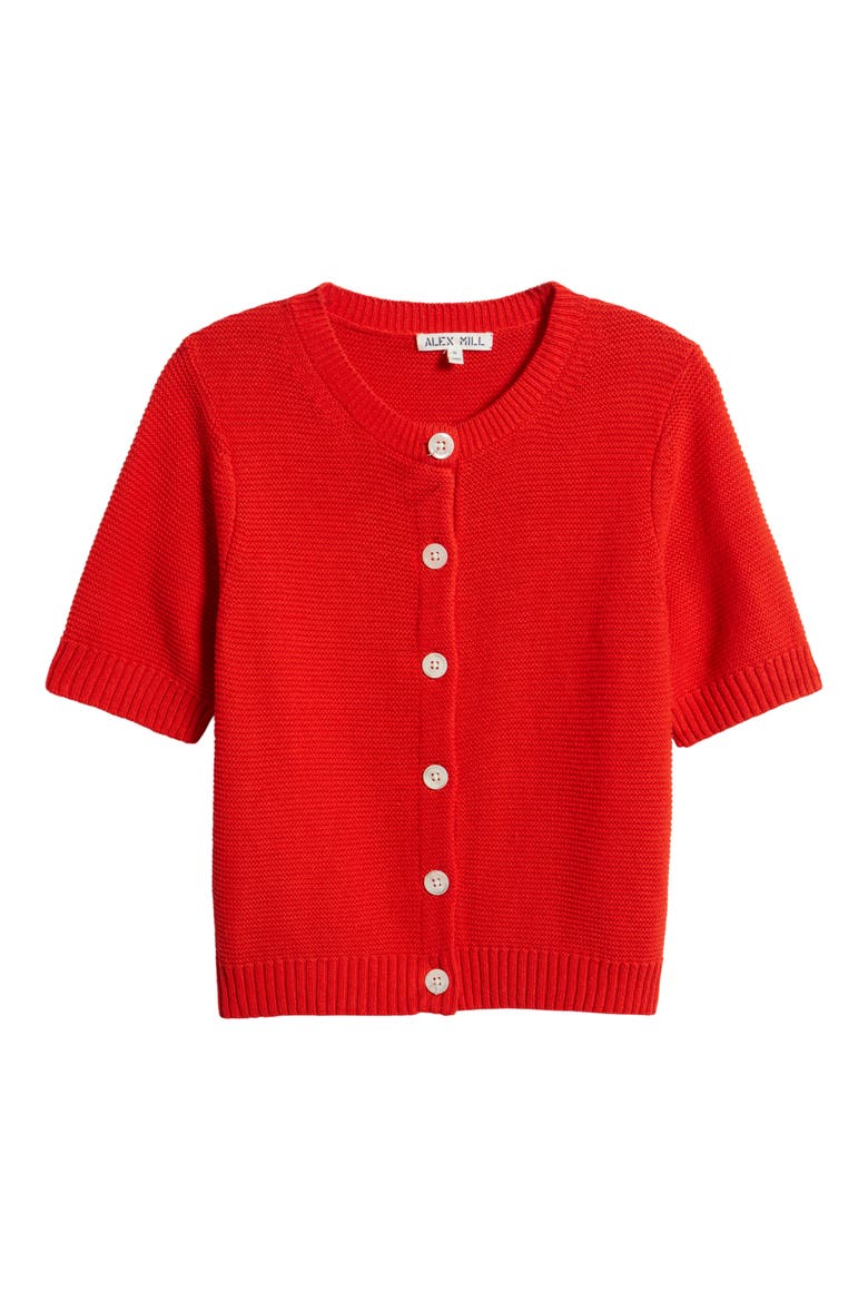 Elle Elbow Sleeve Linen & Cotton Button-Up Sweater, Alternate, color, TOMATO