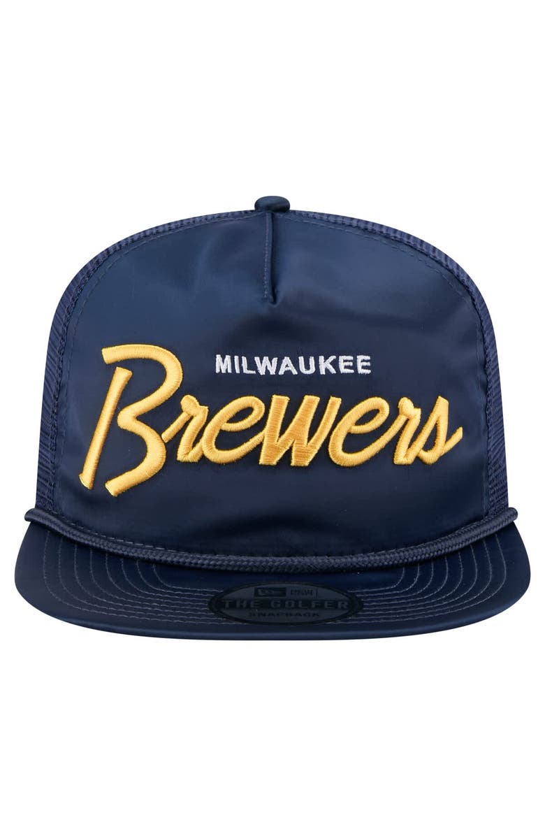 New Era Men's New Era Navy Milwaukee Brewers Retro Satin Script Golfer Adjustable Hat, Alternate, color,