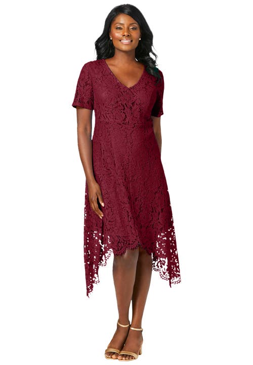 Jessica London Lace Handkerchief Dress In Burgundy