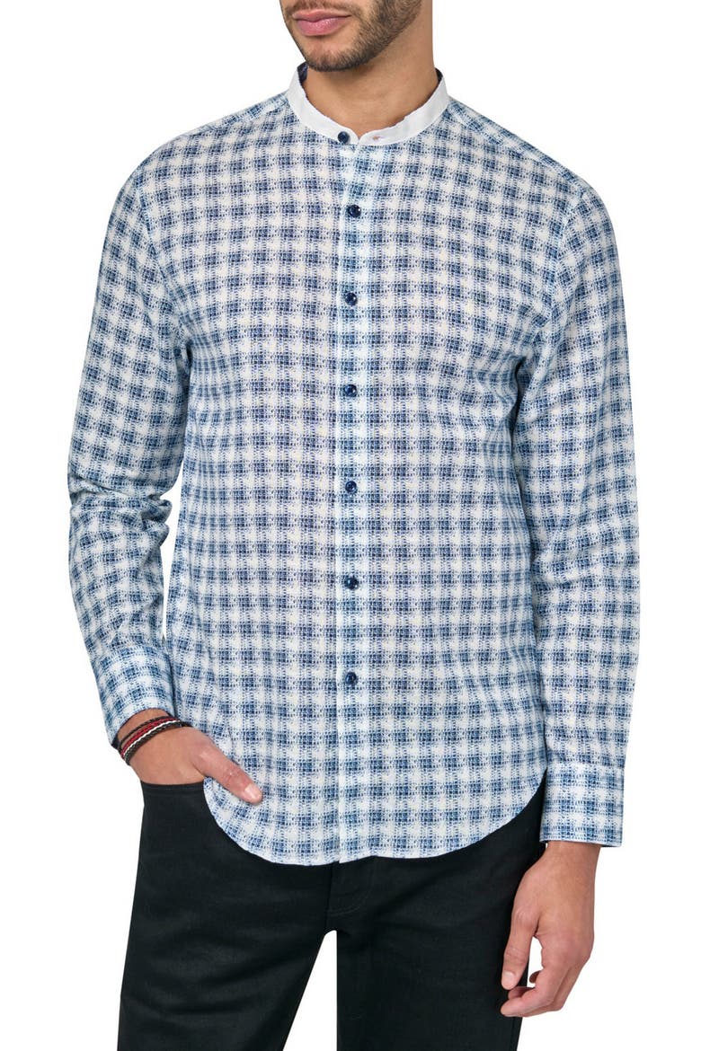 Jett Long Sleeve Plaid Mandarin Collar Shirt, Main, color, BLUE