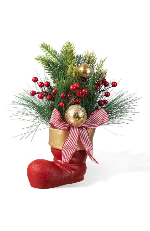 Christmas Red Boot with Pine Needle & Berry Centerpiece