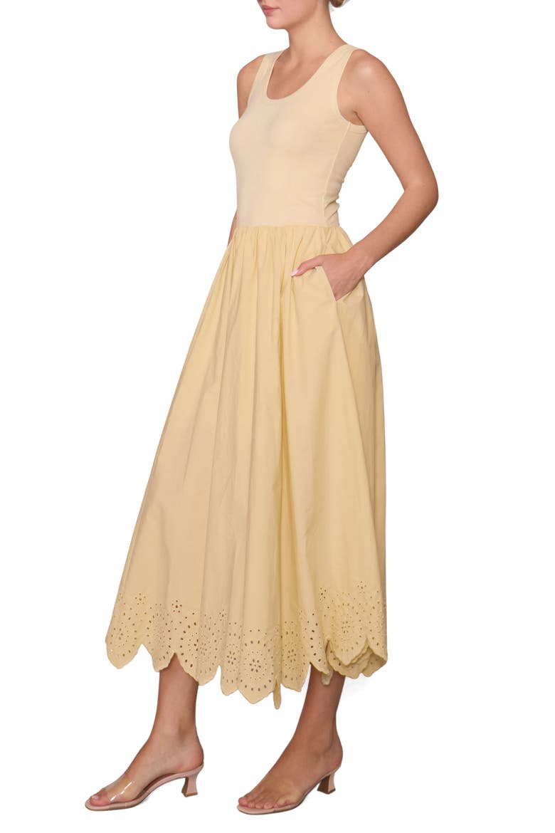Eyelet Scallop Sleeveless Mixed Media Maxi Dress, Alternate, color, BUTTER YELLOW