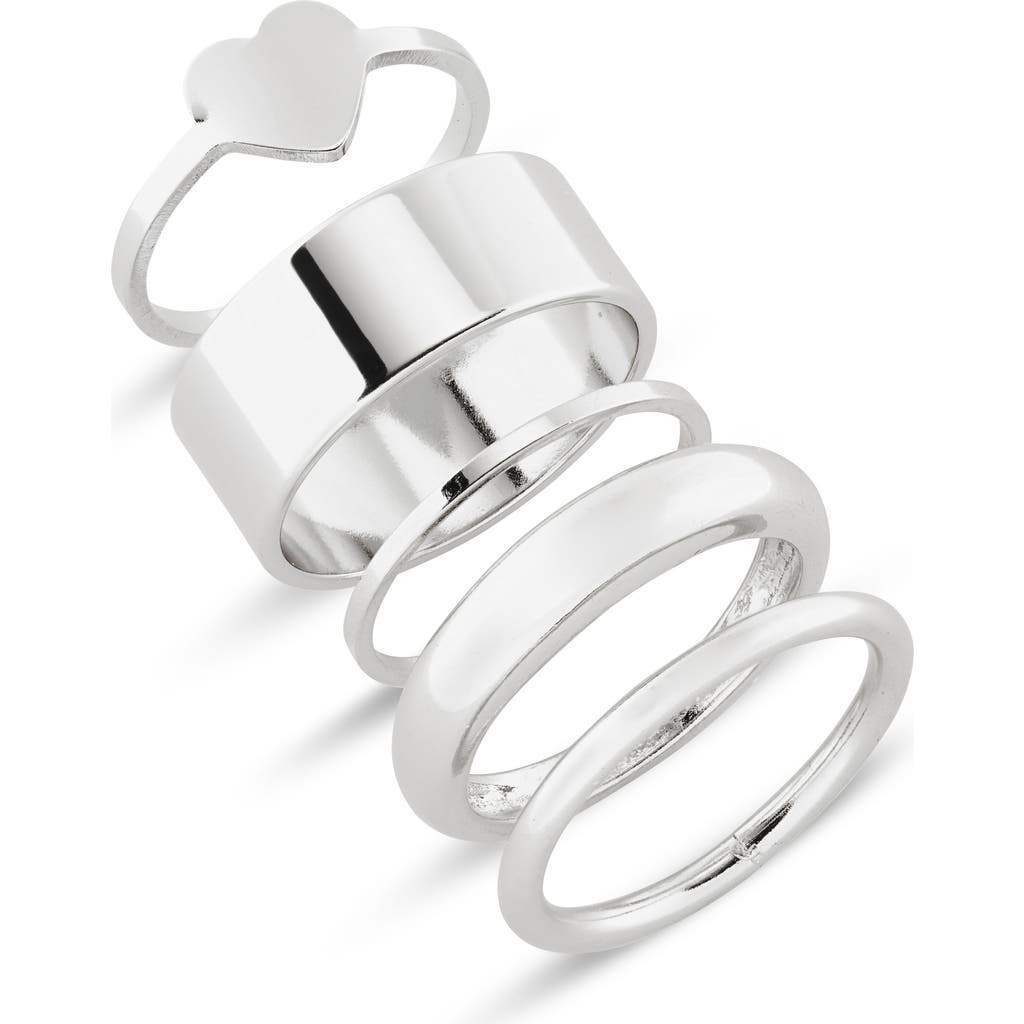 Bp. Set Of 5 Assorted Smooth Heart Rings In Rhodium