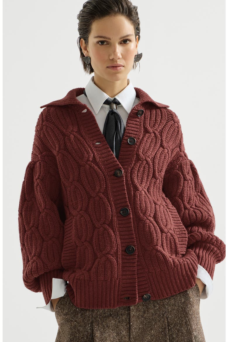 Cashmere feather yarn heritage cable cardigan, Alternate, color, Ruby