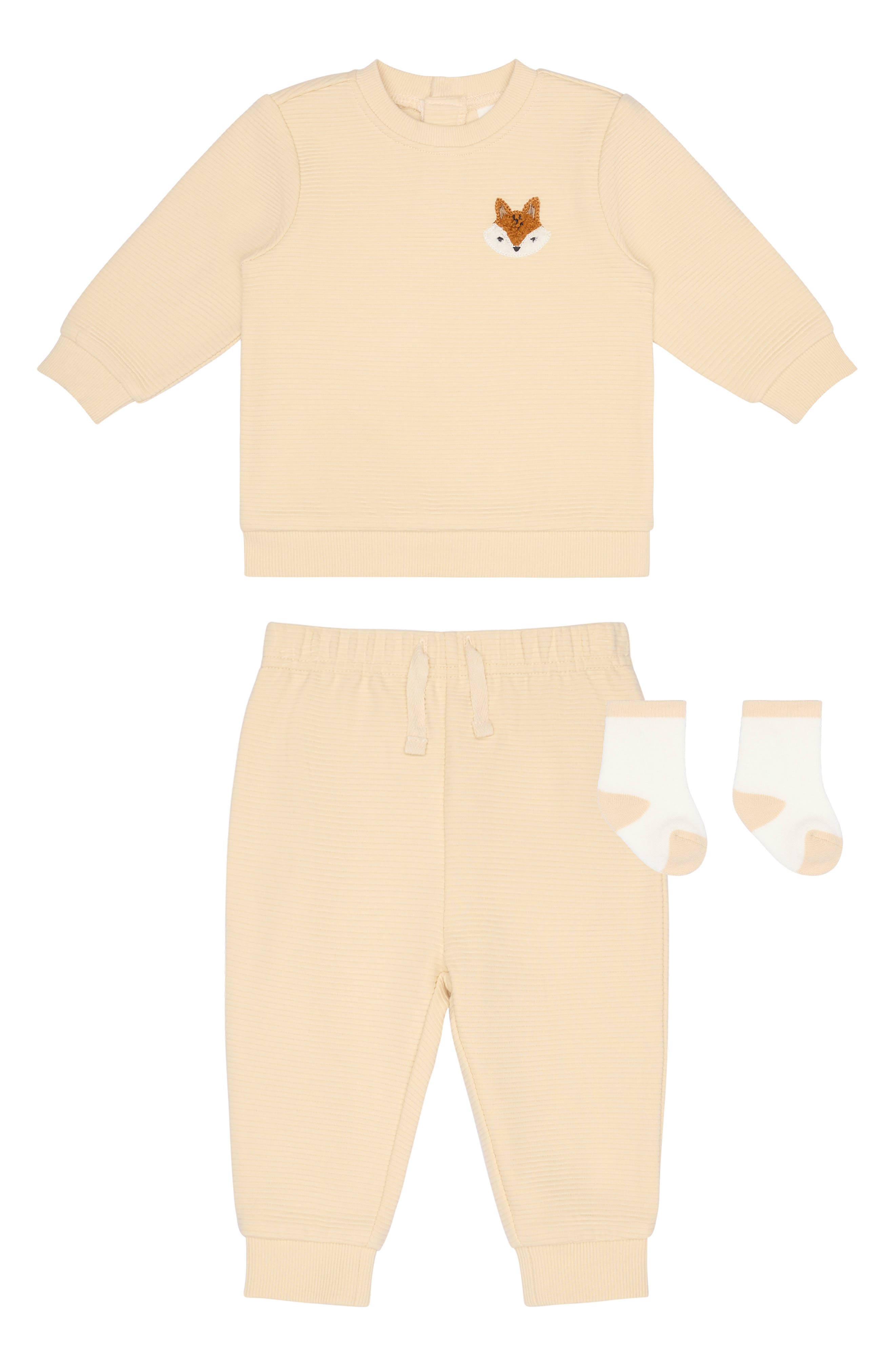 Kids' Fox Appliqué 3-Piece Sweatshirt, Joggers & Socks Set