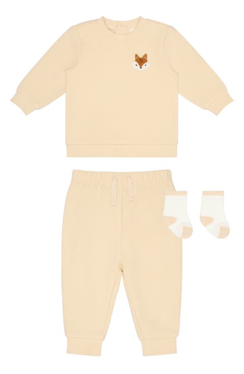 Kids' Fox Appliqué 3-Piece Sweatshirt, Joggers & Socks Set